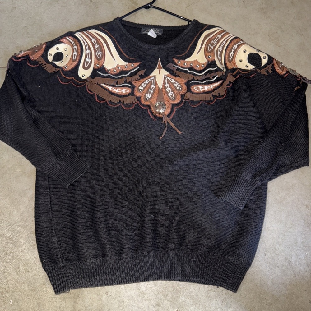 Vintage Malain Rodeo Cowboy Women's Sweater 1980s SizeXL  1X Studs Fringe